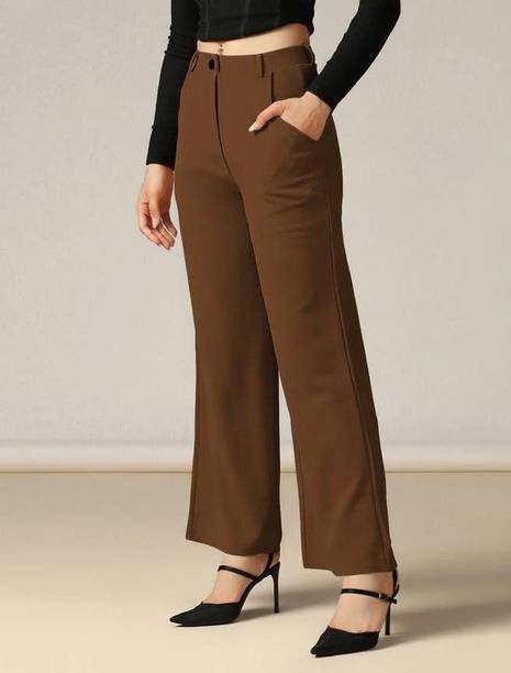 Women Regular Fit Brown Viscose Rayon Trousers