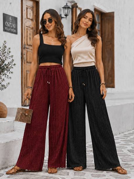 Pack of 2 Women Relaxed Multicolor Cotton Blend Trousers