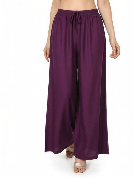 Women Flared Purple Viscose Rayon Trousers