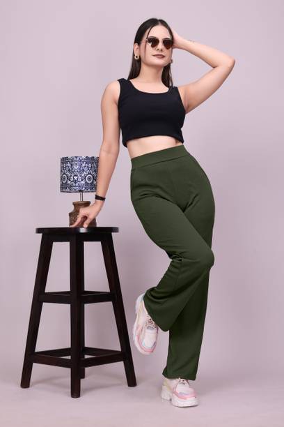 Women Comfort Fit Green Lycra Blend Trousers