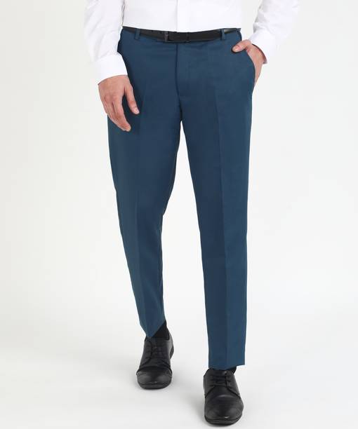 Men Regular Fit Blue Polycotton Trousers
