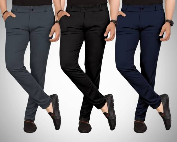 Pack of 3 Men Regular Fit Multicolor Lycra Blend Trousers
