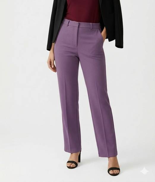 Women Straight Fit Purple Cotton Blend Trousers