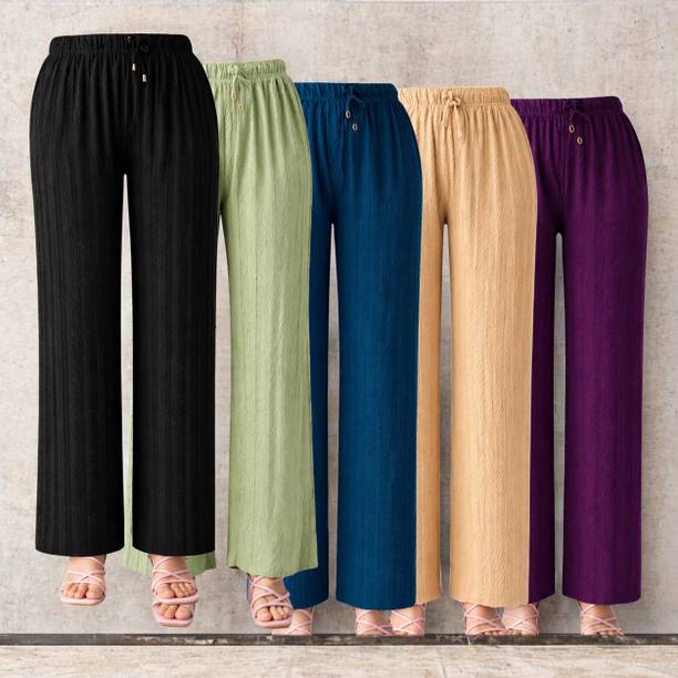 Pack of 5 Women Loose Fit Multicolor Lycra Blend Trousers