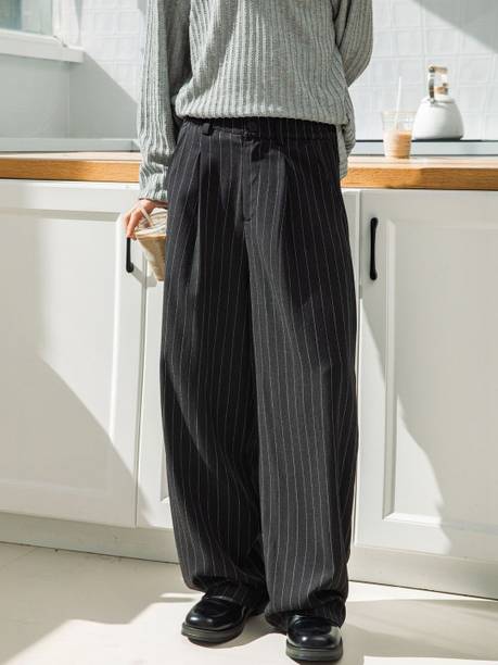 Suo Men Regular Fit Black Polyester Trousers