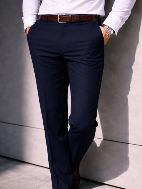 Formal Flat Front Men Regular Fit Dark Blue Polyester Trousers