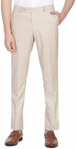 Men Regular Fit Beige Viscose Rayon Trousers