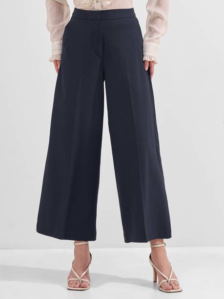 Women Relaxed Dark Blue Cotton Blend Trousers