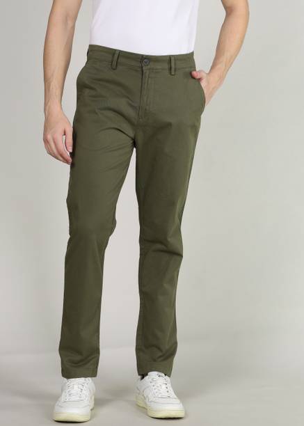 Men Regular Fit Dark Green Pure Cotton Trousers