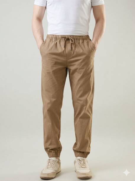 Men Comfort Fit Beige Cotton Blend Trousers
