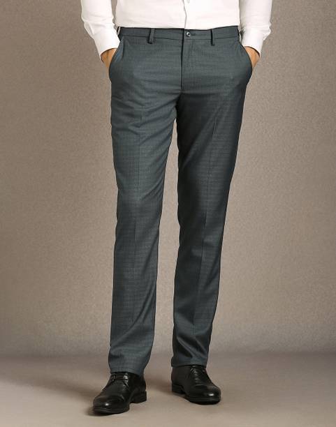 Formal Flat Front Men Slim Fit Grey Polyester Trousers