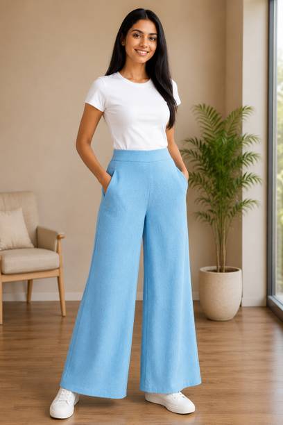 JACKBOY Women Straight Fit Light Blue Polycotton Trousers