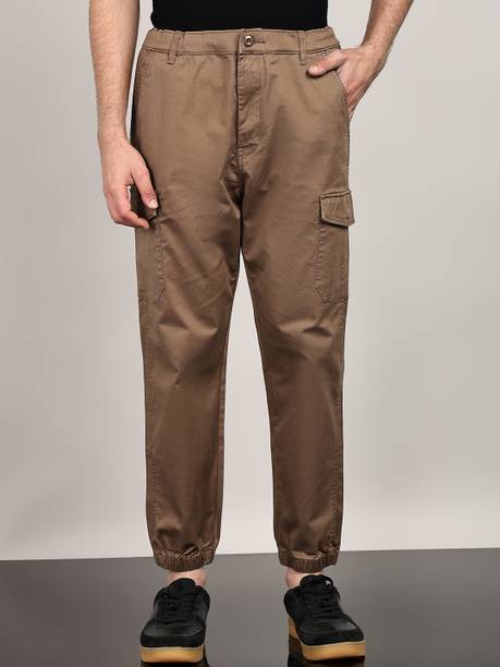 Men Tapered Brown Pure Cotton Trousers