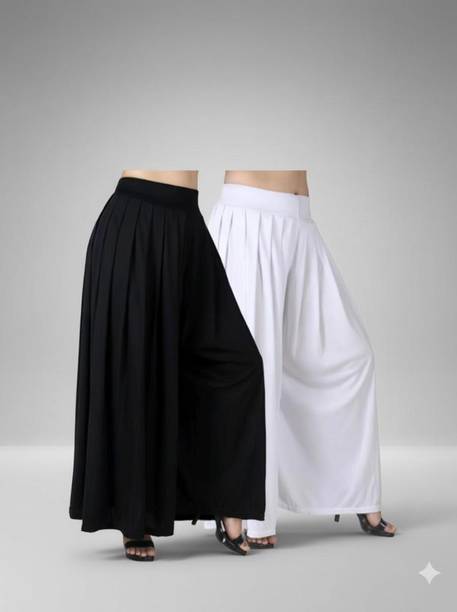 Pack of 2 Women Loose Fit Black, White Lycra Blend Trousers