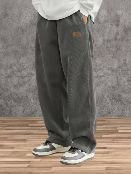 Men Loose Fit Grey Corduroy Trousers
