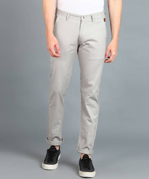 Men Slim Fit Grey Pure Cotton Trousers
