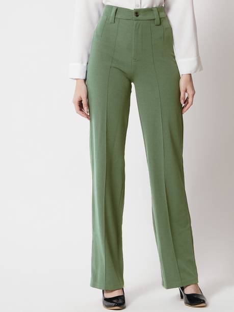 Women Regular Fit Green Polyester Trousers