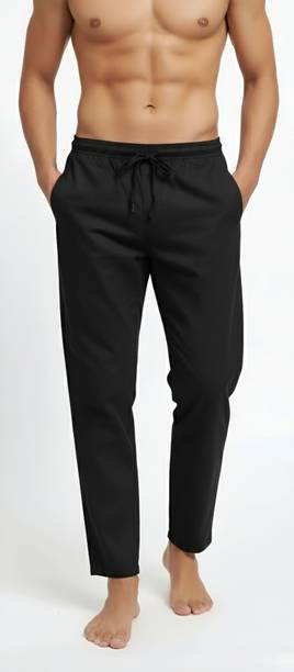 Men Regular Fit Black Pure Cotton Trousers