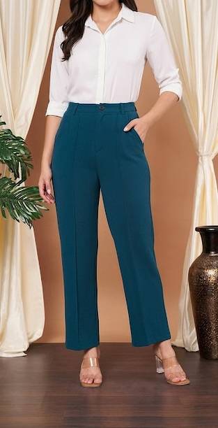 Women Comfort Fit Dark Blue Lycra Blend Trousers