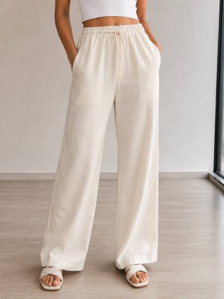 Women Regular Fit Cream Pure Cotton Trousers