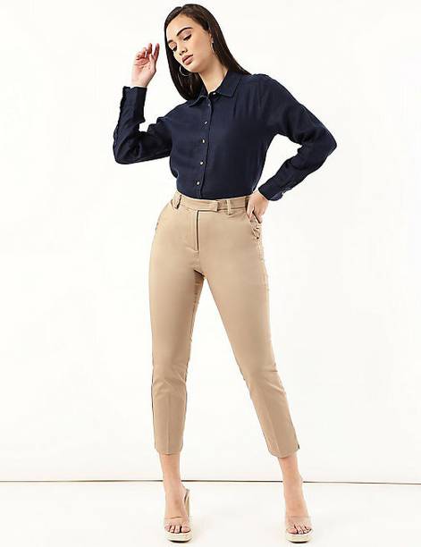 Women Slim Fit Brown Cotton Blend Trousers