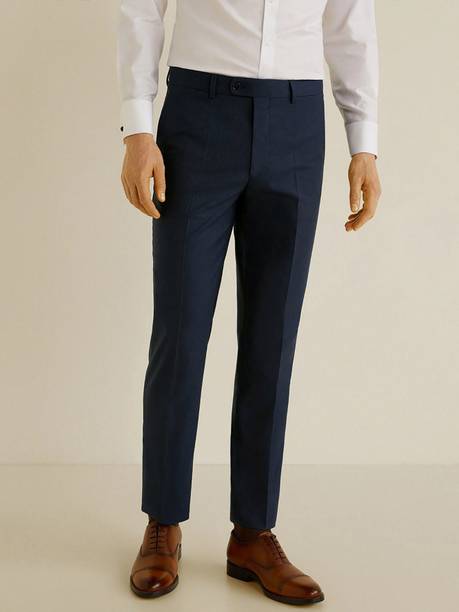 Men Regular Fit Blue Cotton Blend Trousers