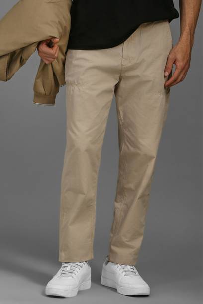 Men Comfort Fit Beige Pure Cotton Trousers
