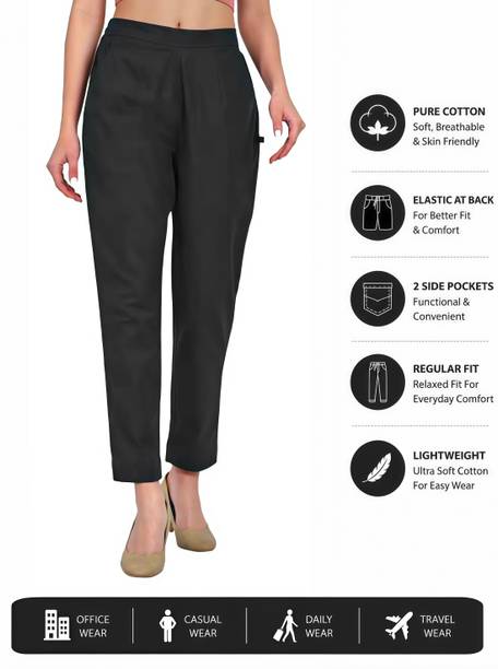 Women Regular Fit Black Pure Cotton Trousers