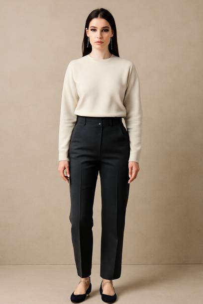 Women Straight Fit Black Cotton Silk Trousers