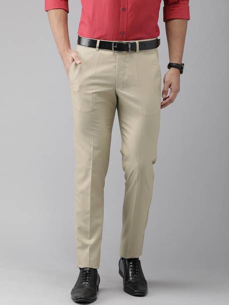 Men Regular Fit Cream Cotton Blend Trousers