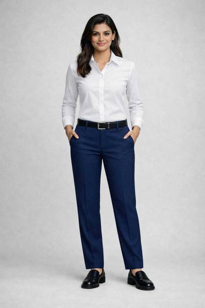 Women Straight Fit Blue Viscose Rayon Trousers