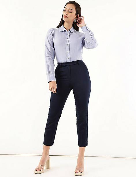 Women Slim Fit Blue Cotton Blend Trousers