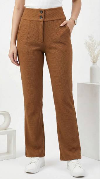 Women Straight Fit Brown Polycotton Trousers