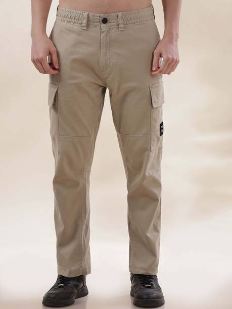 Men Slim Fit Beige Cotton Blend Trousers