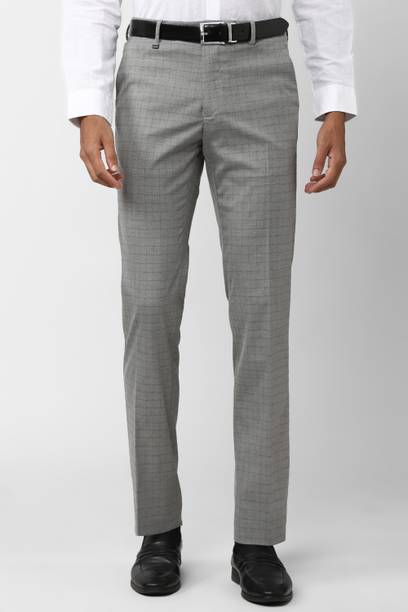 Men Slim Fit Grey Polyester Trousers