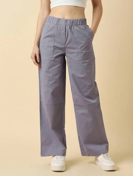 Women Regular Fit Grey Cotton Blend Trousers