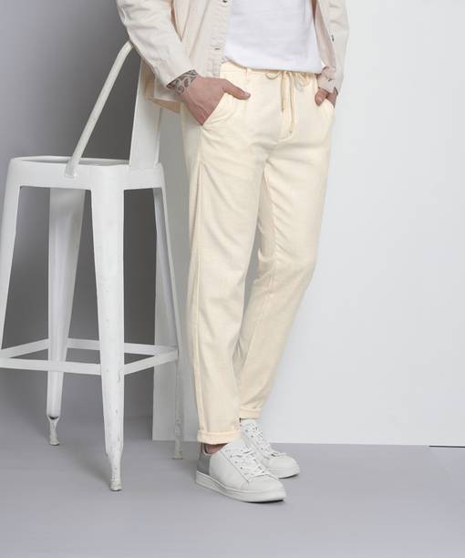 Men Slim Fit Cream Polycotton Trousers