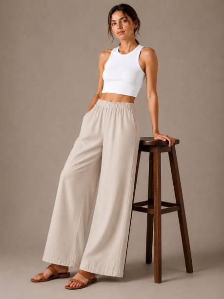 StitchedStyle Women Relaxed Beige Viscose Rayon Trousers
