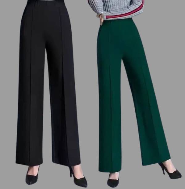 Women Flared Black, Green Lycra Blend Trousers