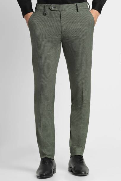 Men Slim Fit Green Polyester Trousers