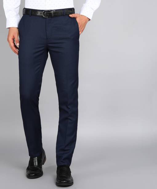 Men Slim Fit Dark Blue Polyester Trousers