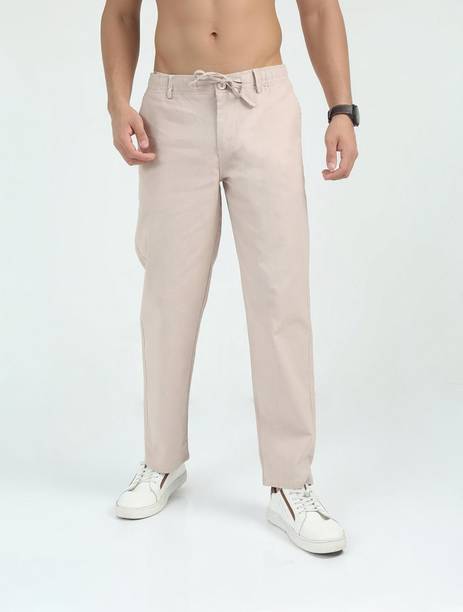 Men Relaxed Cream Linen Blend Trousers