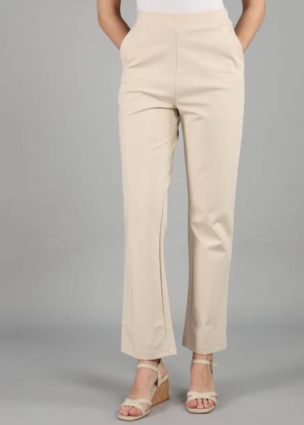 Women Regular Fit Beige Viscose Rayon Trousers
