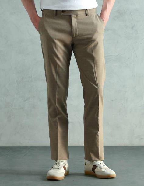Men Tapered Brown Polyester Trousers