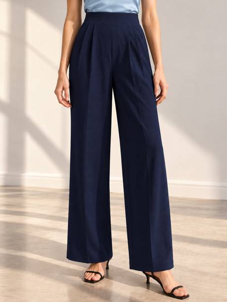 PURVAJA Women Loose Fit Dark Blue Polyester Trousers