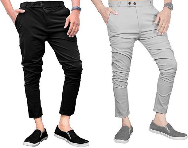 Pack of 2 Men Regular Fit Black, Grey Lycra Blend Trousers
