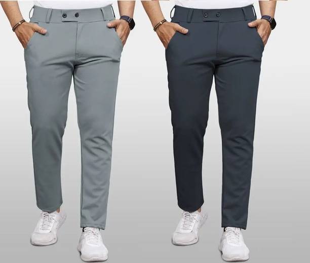 Pack of 2 Men Regular Fit Grey, Grey Cotton Blend Trousers