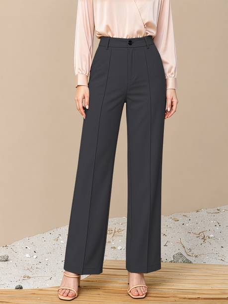 Women Regular Fit Grey Lycra Blend Trousers