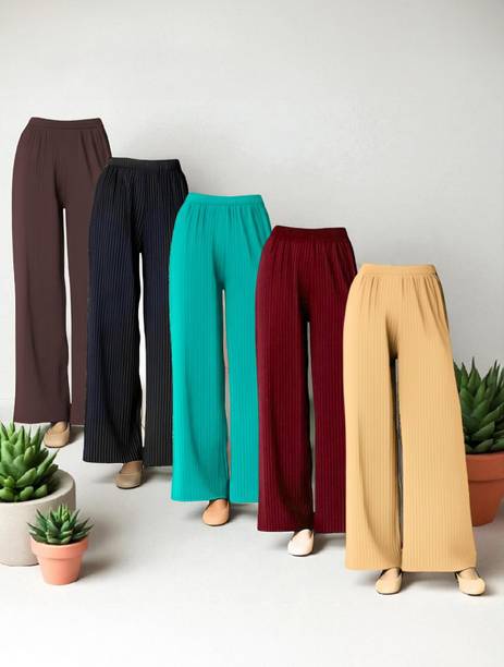 Pack of 5 Women Comfort Fit Multicolor Lycra Blend Trousers
