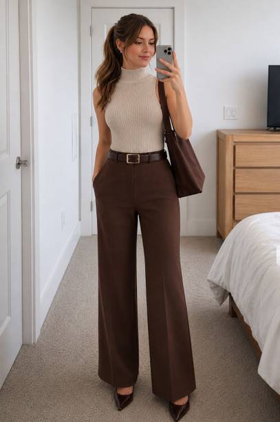 Women Straight Fit Brown Lycra Blend Trousers